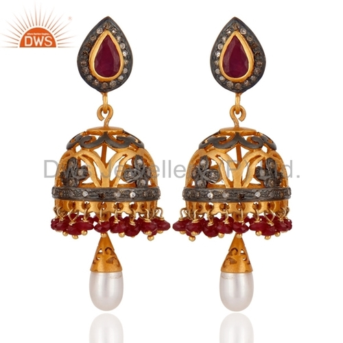 Round Brilliant Cut Pearl & Ruby Gemstone Diamond Earrings
