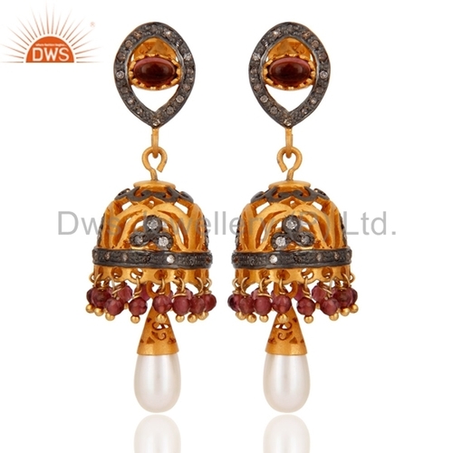 Gold Plated Gemstone Pave Diamond Earrings