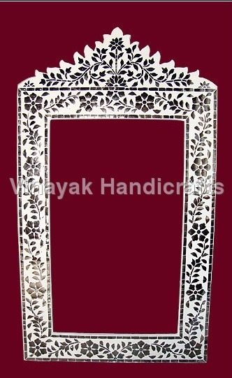 Designer Glass Inlay Mirror - Glass & Bone, Custom Sizes, White | Ornate Frame, Floral Inlay, Elegant Durable Design