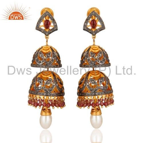 Round Brilliant Cut Indian Gemstone Pave Diamond Traditional Earrings