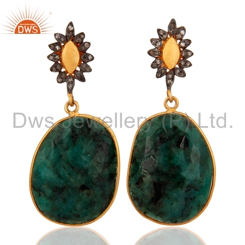 Sterling Silver Pave Diamond Emerald Earrings