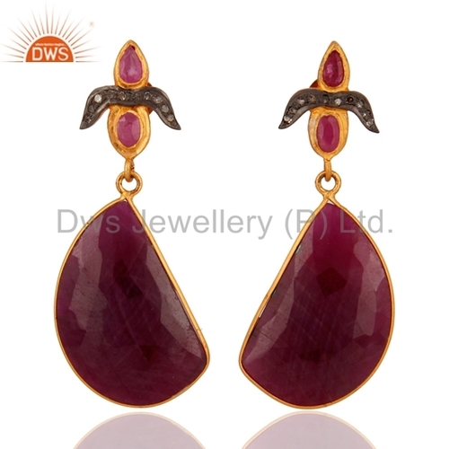 Ruby Pave Diamond Sterling Silver Earrings - 15-20mm, 925 Sterling Silver, Ruby and Diamond Accents, High Polish Finish