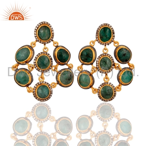 18k Gold Over Sterling Silver Diamond Emerald Earrings