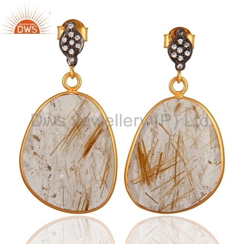 Golden Rutile Quartz CZ Sterling Silver Earring