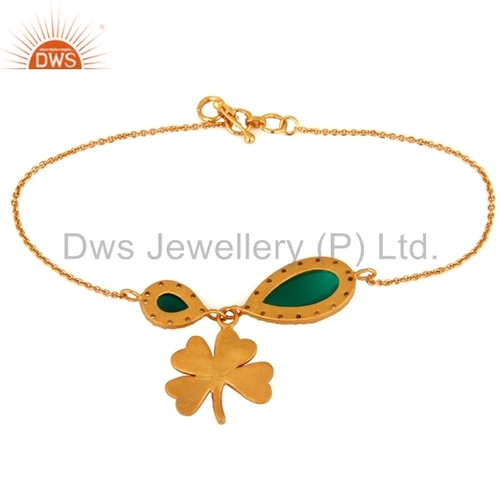 18K Gold Vermeil Sterling Silver Green Onyx Flower Charm Bracelets