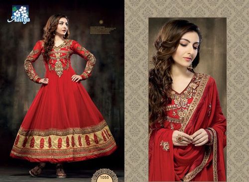 Anarkali Fancy Suits Soha Ali Khan - Silk Blend, 54 Inches, Red | Elegant Design, Gold Thread Embroidery, Comfortable Fit