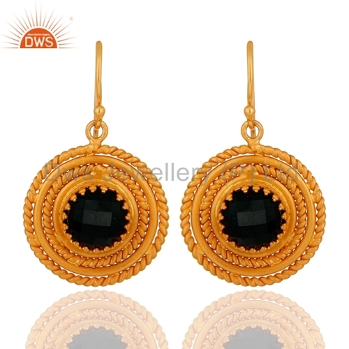 Gold Plated Sterling Silver Black Onyx Gemstone Earrings - 15x15 mm, Hook Fastening | Elegant Design, Luxury Appeal, Gift-Worthy