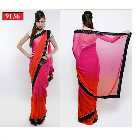9136 - Pure Georgette Saree - Pink, Black, Orange with Mati Jeri Blouse, Short Sleeves | All Season, No Fade, Washable, Plain Pattern