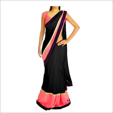 Sarees - Georgette & Dhupian Fabric, Weight Approx 1 kg, Color Pink And Black | Ethnic Indian Design, No Fade, Washable, All Season, Short Sleeves