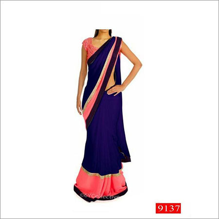 9137(Blue) - Georgette Fabric, Dhupian Blouse, Approx 1 kg, Available in Pink and Navy, All Season Wear, Short Sleeves, Washable, No Fade