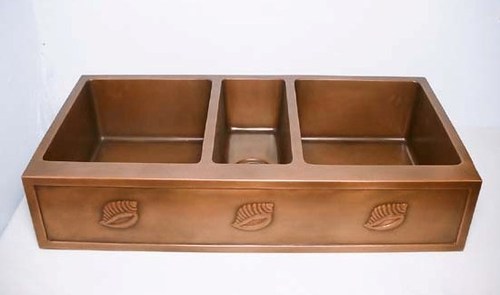 KS-73 - Copper Triple Bowl Apron Sink 44"x21"x9" , Durable Spacious Antique Finish