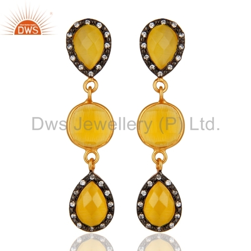Yellow Moonstone 18K Gold On Sterling Silver Earring - 2 Inches, High Polish Finish | Elegant Design, Pave & Cabochon Setting
