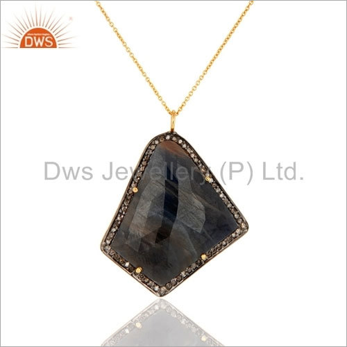 925 Silver Blue Sapphire Pave Diamond Pendant