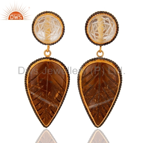Gold Plated Sterling Silver Carved Agate & Crystal Earrings
