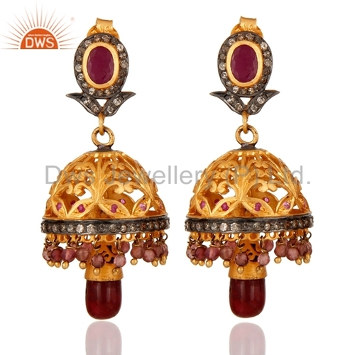Round Brilliant Cut Natural Ruby Pave Diamond Traditional Jhumka Earrings Jewelry