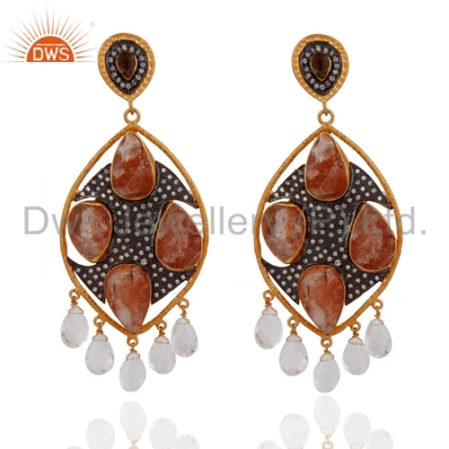 Sun Stone Sterling Silver Gold Vermeil Crystal Earrings