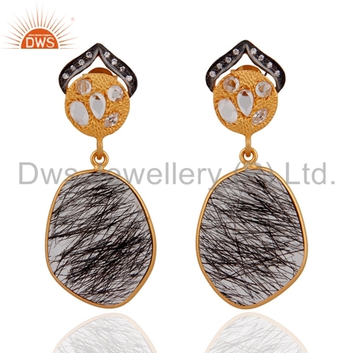 Sterling Silver Gold Plated Tourmalinated Quartz Earrings - 25x15 mm, Post & Butterfly Fastening | Elegant, Durable, Stylish, Versatile