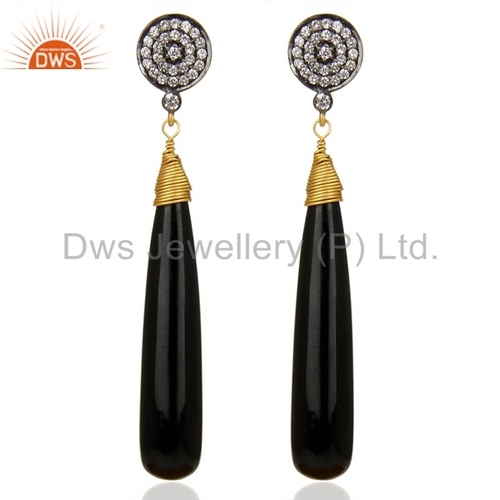 Gold Vermeil 925 Silver Black Onyx Stone pencil Earrings