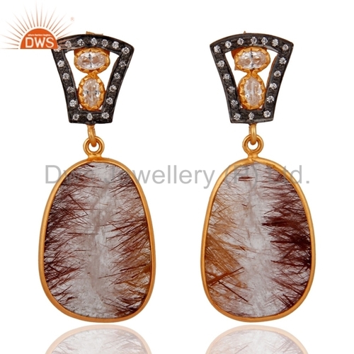 Sterling Silver Rutilated Quartz & CZ Gold Vermeil Earrings - 1.5-2 Inches, Post-Wire Fastening | Elegant Design, Stunning Look, Luxury Feel