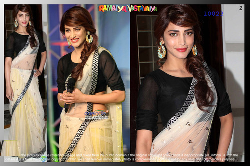 Net Saree - Approx 1 kg, Cream and Black Design, Short Sleeves, Washable Fabric, No Fade Feature