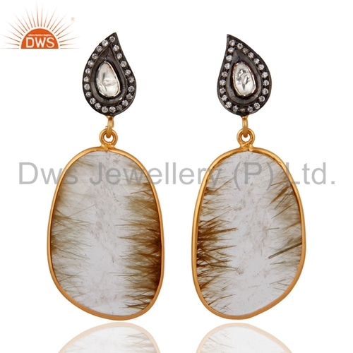 18k Gold-Plated Sterling Silver Rutilated Quartz Earrings - 25-30 mm, 5-7g | Diamond Accents, Elegant Design, Durable, Eye-Catching