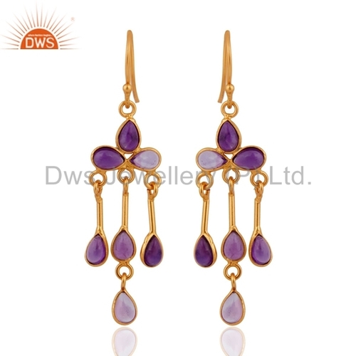 18k Gold Plated Sterling Silver Amethyst Earrings - 25-30mm, Hook Fastening | Elegant Design, Durable, Luxury Accessory