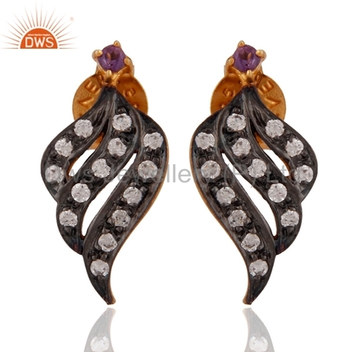 Amethyst & CZ Gemstone 18k Gold Sterling Silver Earrings