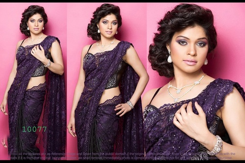10077 Sarees - Net Fabric, Approx 1 kg, Purple Color | Ethnic Indian Style, Sleeveless Design, Washable, Dry Clean, No Fade Features