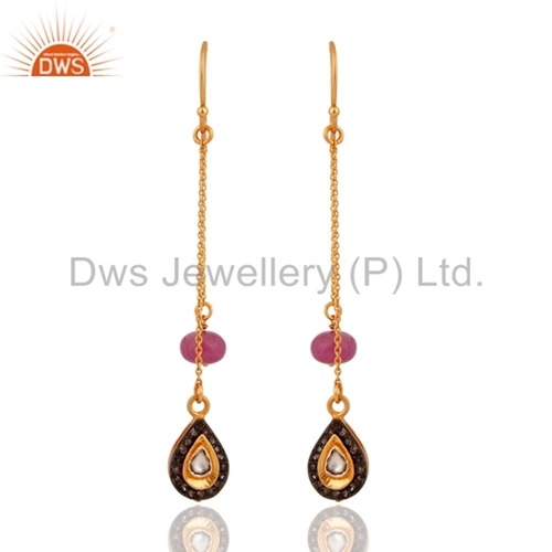 Round Brilliant Cut Ruby Pave Diamond Gold Plated Chain Earring