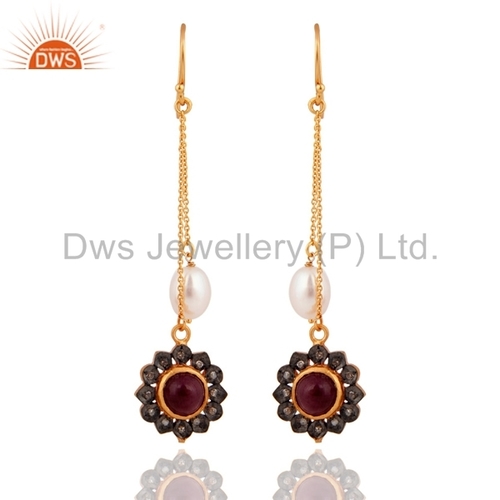 Sterling Silver Ruby Pearl Pave Diamond Earrings