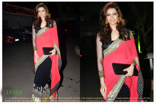 10052 Sarees - Georgette Fabric, Approx 1 kg, Red and Black Color | Features: Anti UV, No Fade, Washable, Full Sleeves Design