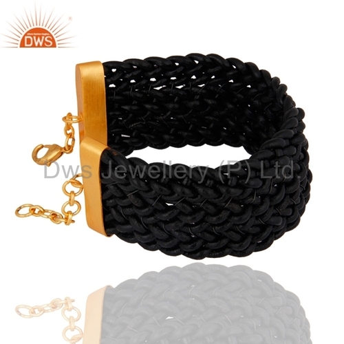 18k Gold Plated Black Leather Bracelet