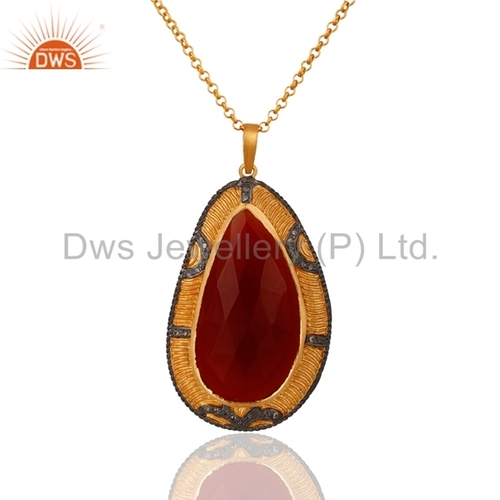 Red Onyx Gemstone Diamond Pendant - Silver, Teardrop, Pave Setting, Elegant Design, Diamond Accents
