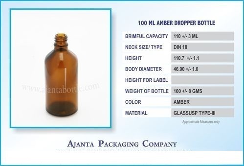 Glass 100 Ml Amber Dropper Homeopathic Bottle