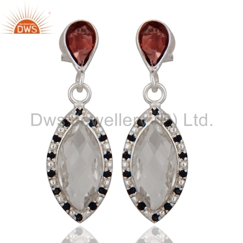 Sterling Silver Garnet Crystal Quartz & Blue Sapphire Earrings