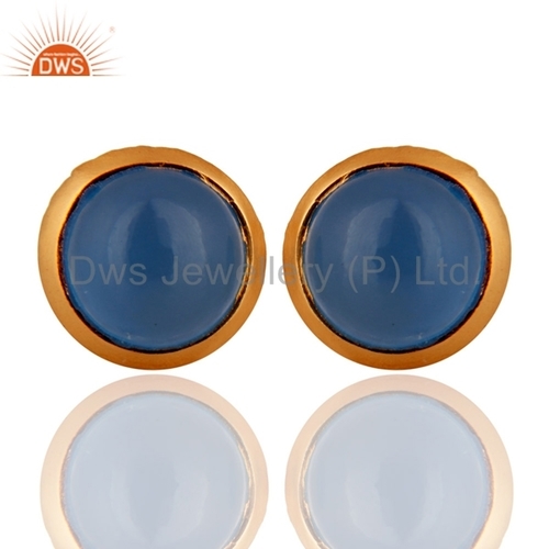 Sterling Silver 18k Gold Plated Blue Chalcedony Earrings - 10mm Diameter, Post Fastening | Elegant Design, Luxury Feel