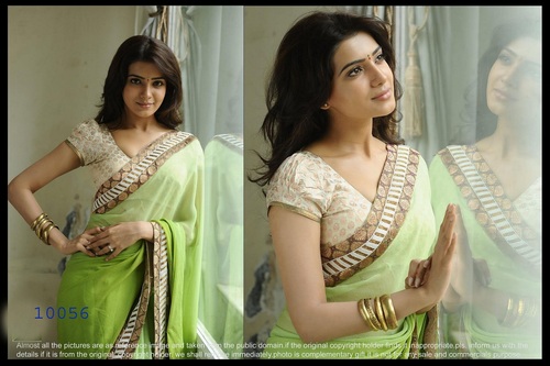 10056 Sarees - Georgette Fabric, Approx 1 kg, Green and White Color | Short Sleeves, Ethnic Indian Wear, Washable, No Fade, Laces Decoration
