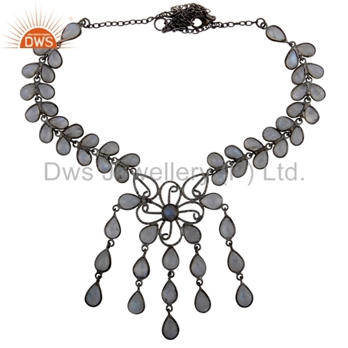 Rainbow Moonstone Black Rhodlum Plated Necklace