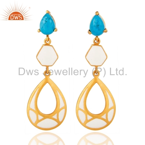 Turquoise Gemstone White Enamel Earrings