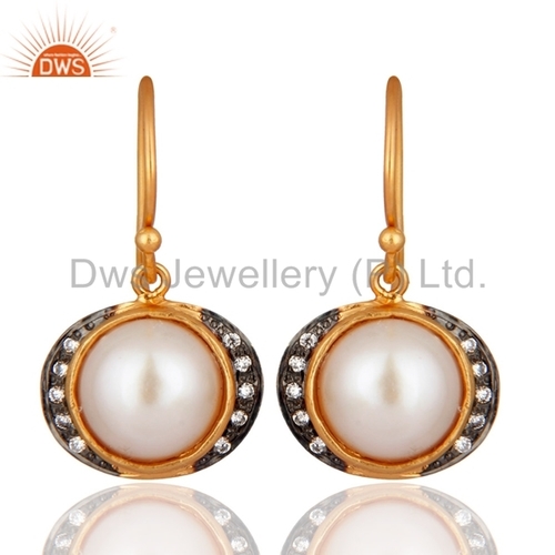 Pearl Sterling Silver Gold Plated CZ Earrings