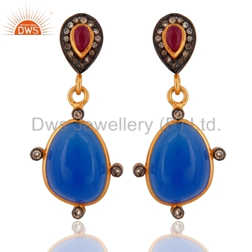 Blue Chalcedony Pave Diamond & Ruby Earrings