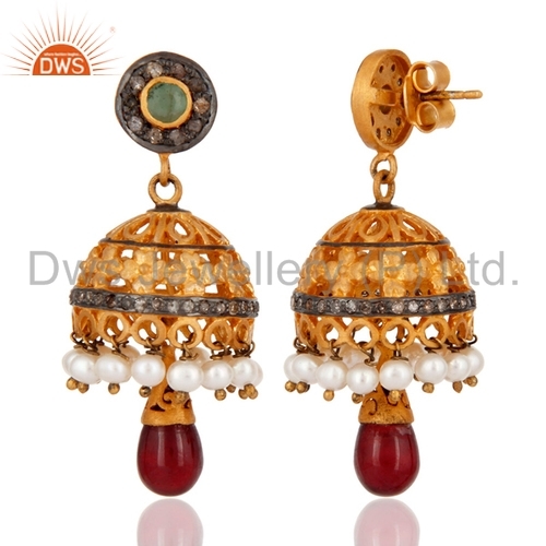 Round Brilliant Cut Gemstone Pave Diamond Silver Jhunkas Earrings