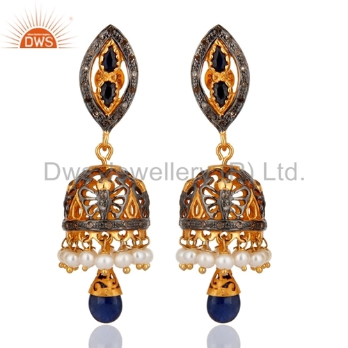 Blue Sapphire Pearls Sterling Silver Earrings - Round Brilliant Cut Design | Elegant and Luxurious Finish