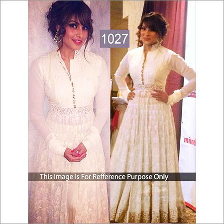 Designer Gown - Georgette Fabric, Plus Size, Striped Pattern, Full Sleeves, Color: White | Modern Ethnic Fashion, Washable, Suitable for All Seasons