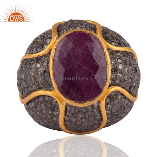 Round Brilliant Cut Natural Ruby Pave Set Diamond Engagement Ring