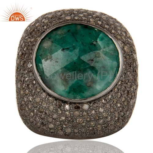 Round Brilliant Cut Natural Emerald Gemstone Pave Diamond Ring