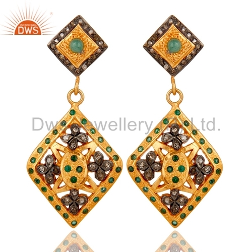 Round Brilliant Cut Gold Silver Emerald Pave Diamond Earring