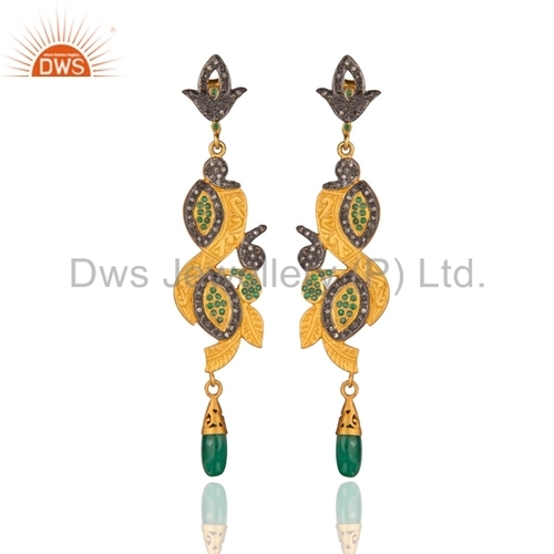 Round Brilliant Cut Designer Gold Plated Silver Emerald Diamond Earrings Jewelry