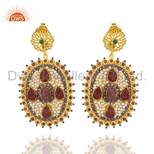 Round Brilliant Cut Natural Gemstone Pave Diamond Earrings