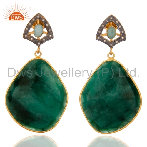 Natural Diamond Emerald Gemstone Earrings - Gold Plated Silver, Pave Diamond Design
